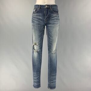 SAINT LAURENT Size 26 Blue Cotton & Elastane Distressed Skinny Jeans